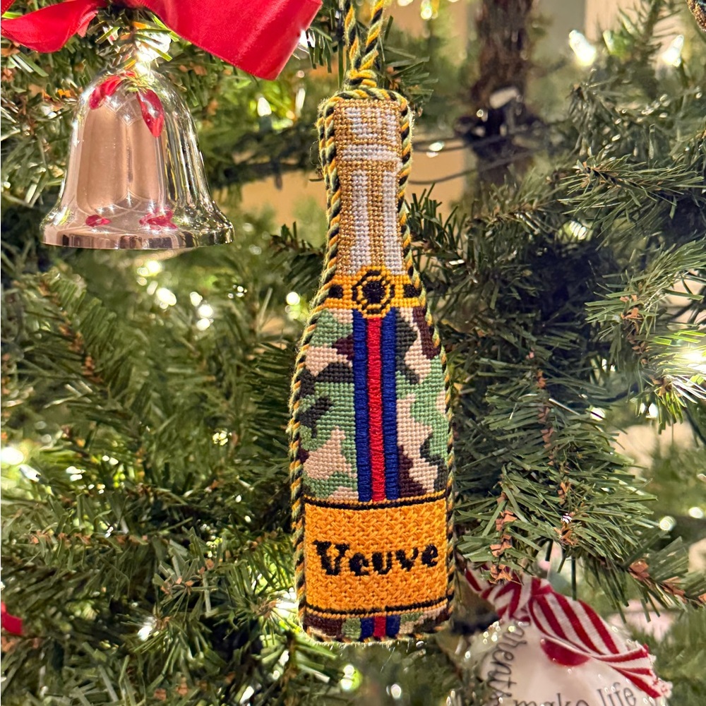 Hand-Stitched Needlepoint Ornament - Camo Veuve Bottle